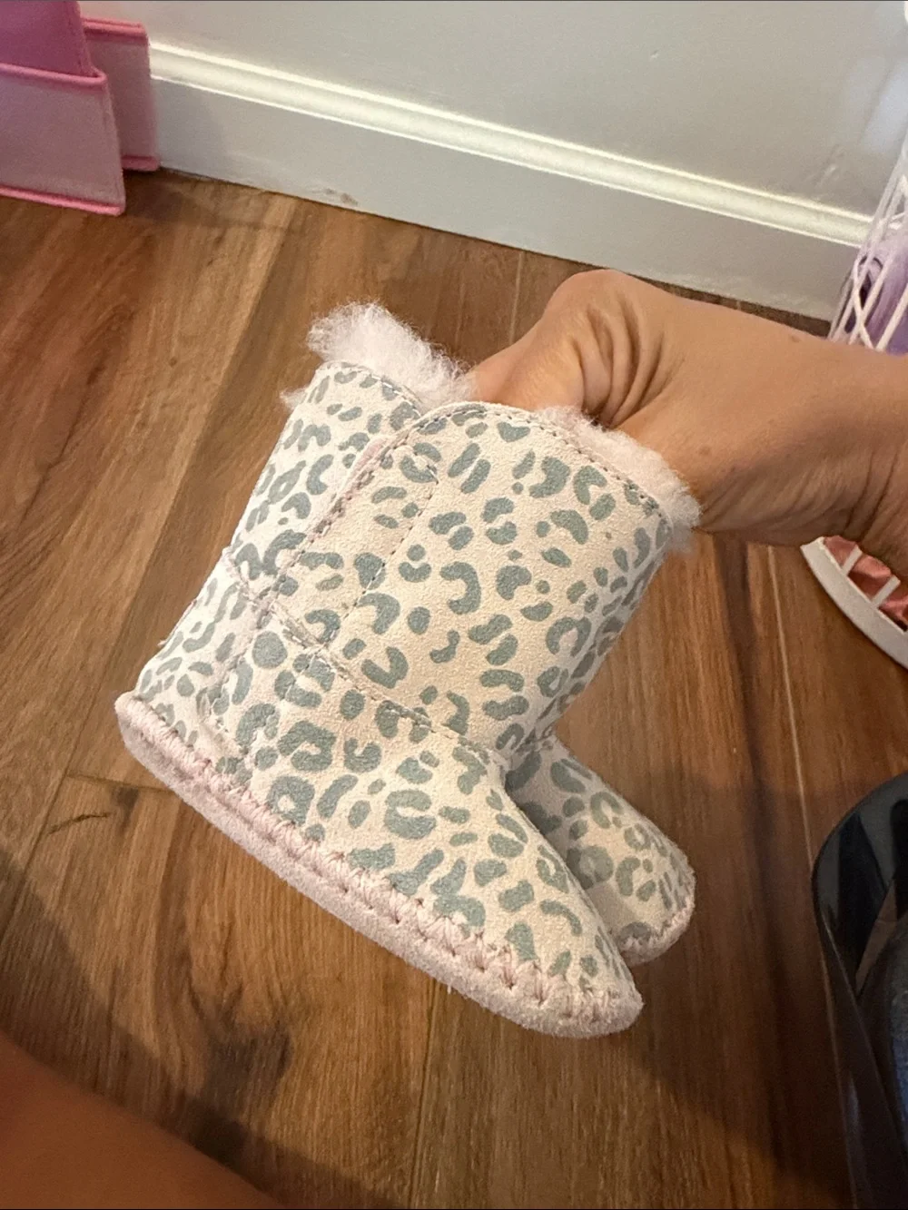 UGG Pink Leopard Baby Booties with Faux Fur Trim
